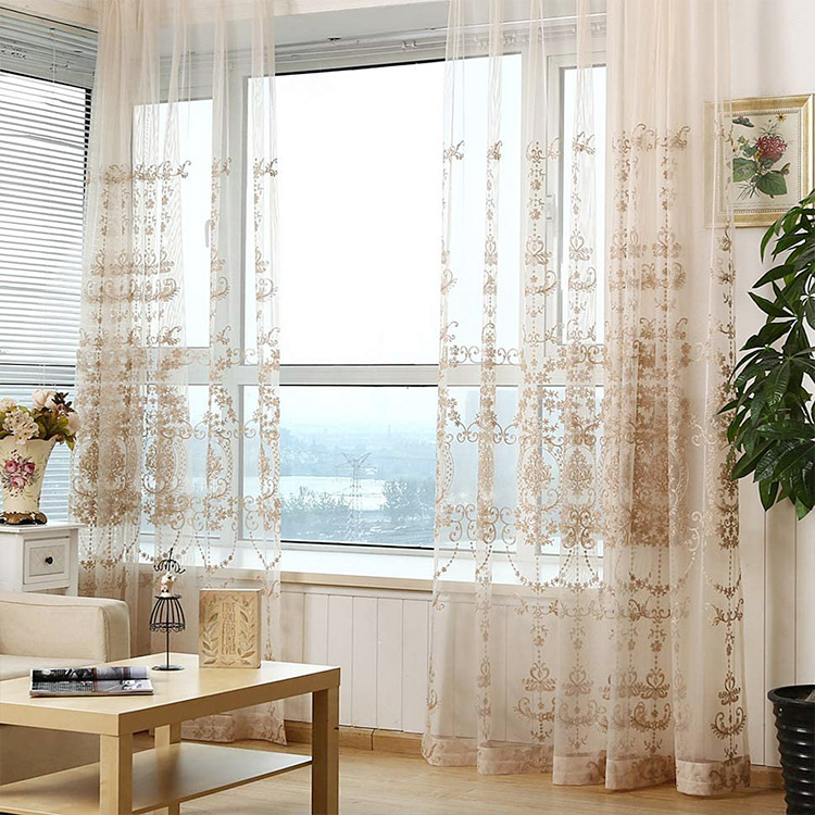 Nhà cung cấp Trung Quốc chất lượng cao 100% Polyester Làm sẵn giường hoa Jacquard Sheer Rèm vải